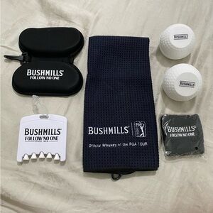 Bushmills PGA Tour golf towel, wooden tees, sweatband, case, & 2 golf ice molds